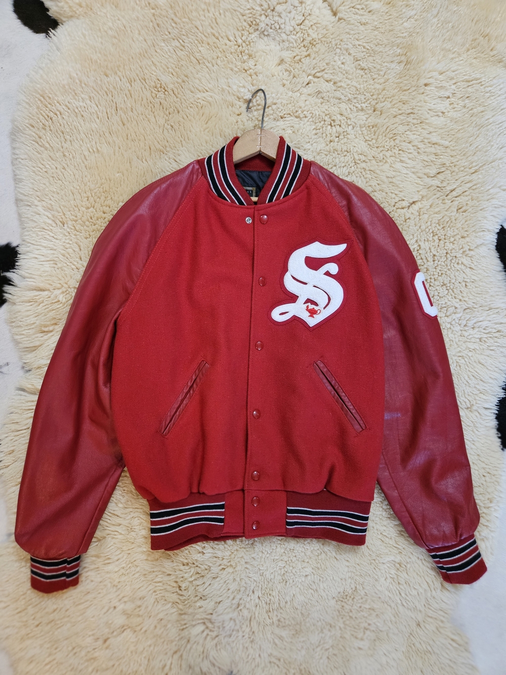 Y2k Vintage Red Wool & Leather Varsity Bomber Jacket Medium by HOLLOWAY 2000